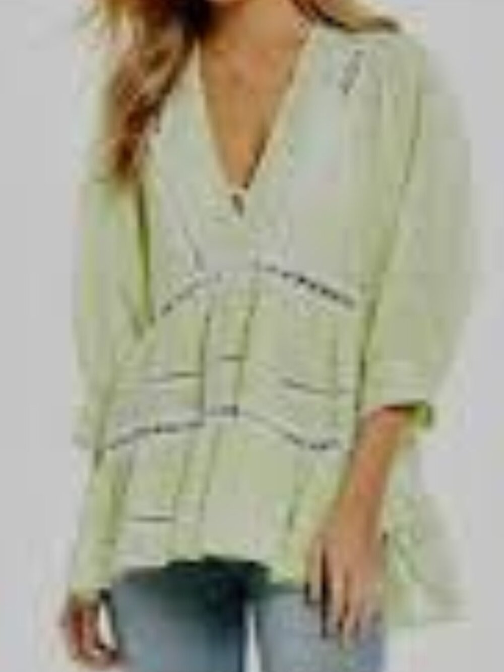 Free People Pale Green Lace-Trim Tiered Peasant Top